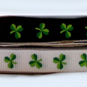 2 Yards 3/8" St. Patrick's Day Irish Flower Shamrock Print on Choice of Black or White Grosgrain Ribbon