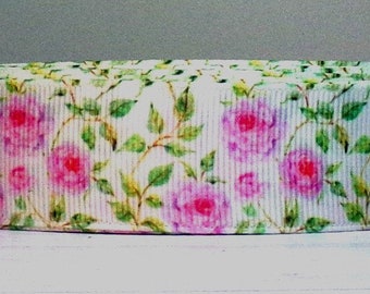 2 Yards or More of 7/8" Delicate Pink Rose Flower Print Grosgrain Ribbon