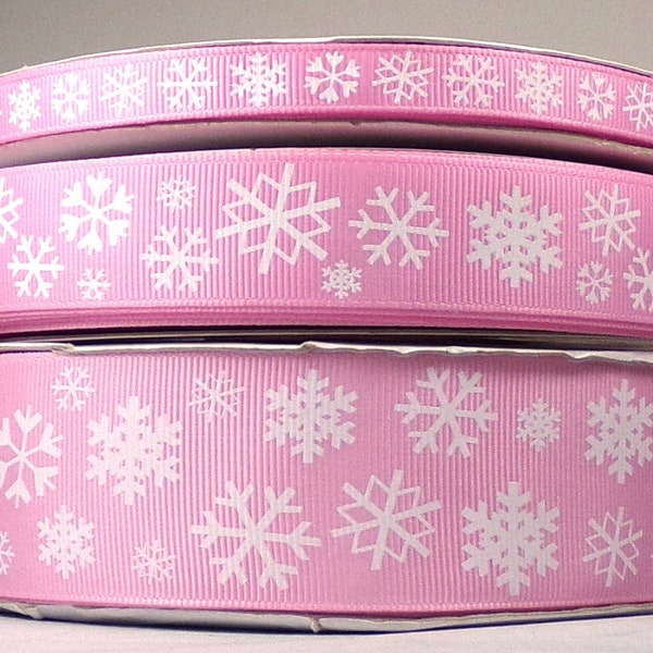 2 or More Yards 3/8", 7/8" or 1.5" Pretty Pink Snowflake  Winter Christmas - Holiday Print Grosgrain Ribbon - US Designer
