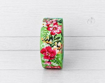2 Yards 7/8" Shocking Pink Wild Summer Rose Flower - Floral Print Grosgrain Ribbon