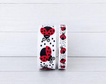 2 Yards US Designer 3/8" or 7/8" Ladybug Print on White Grosgrain Ribbon