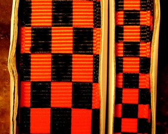 2 Yards 3/8" or 7/8" US Designer Orange and Black Checkered Flag - Checkerboard Print Grosgrain Ribbon