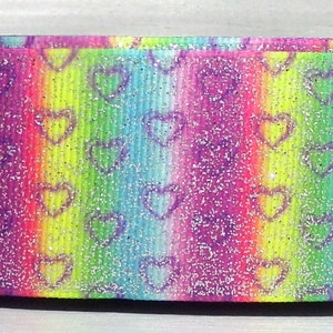 2 Yards 1.5" Bright Rainbow Stripes and Outline Hearts Print Grosgrain Ribbon with Silver Glitter