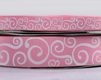 2 Yards or More 3/8" or 7/8" US Designer Pink with White Scroll - Swirl Print Grosgrain Ribbon