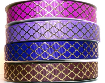 2 Yards or More 7/8" Gold Foil Quatrefoil -  Arabesque Print Grosgrain Ribbon - Your Choice of Color