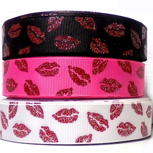 2 Yards of 7/8" Red Glitter Lips Kiss Valentine Love Print Grosgrain Ribbon - Your Choice of Color