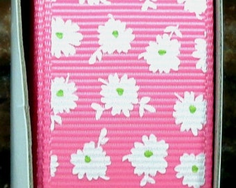 2 Yards 1" Shocking Pink with White Dainty Daisy Flower Print Grosgrain Ribbon