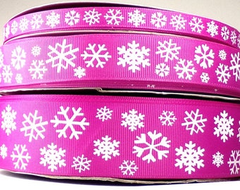 2 or More Yards 3/8", 7/8" or 1.5" Wild Berry Pink Snowflake  Winter Christmas - Holiday Print Grosgrain Ribbon - US Designer