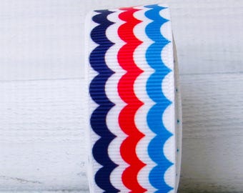 2 Yards 7/8" Blue-Red-Navy Patriotic Wave Print Grosgrain Ribbon