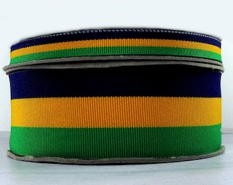 Cinta de rayas moradas, amarillas y doradas con temática de Mardi Gras (2 yardas o más, 1,5" o 3/8")