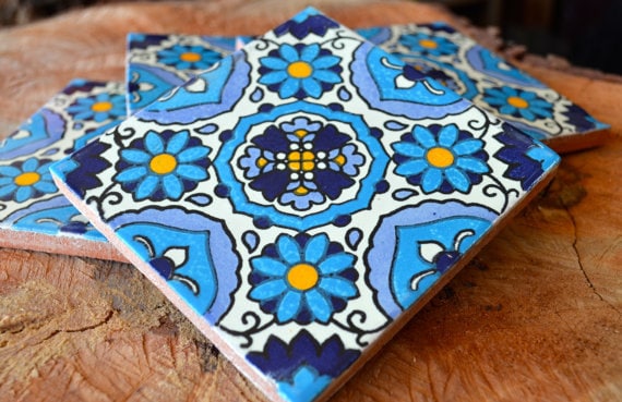5"X5" FOUR TILES Hand Painted Mexican Talavera Clay Indoor Outdoor Accent Tile