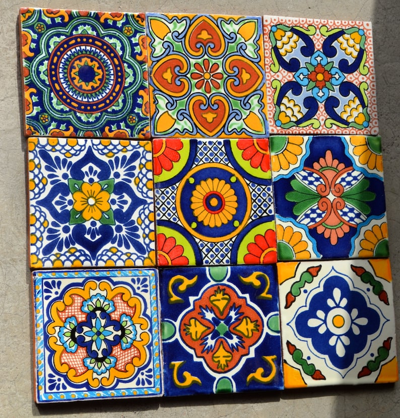 9 Mexican Talavera Tiles Hand Made Hand Painted 4 X 4 Mix