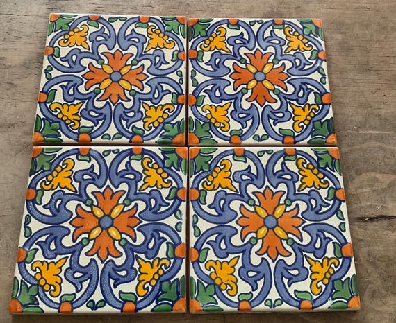 メキシコ タラベラ タイル 14 枚。ハンドメイド - 手描き 6 インチ x 6