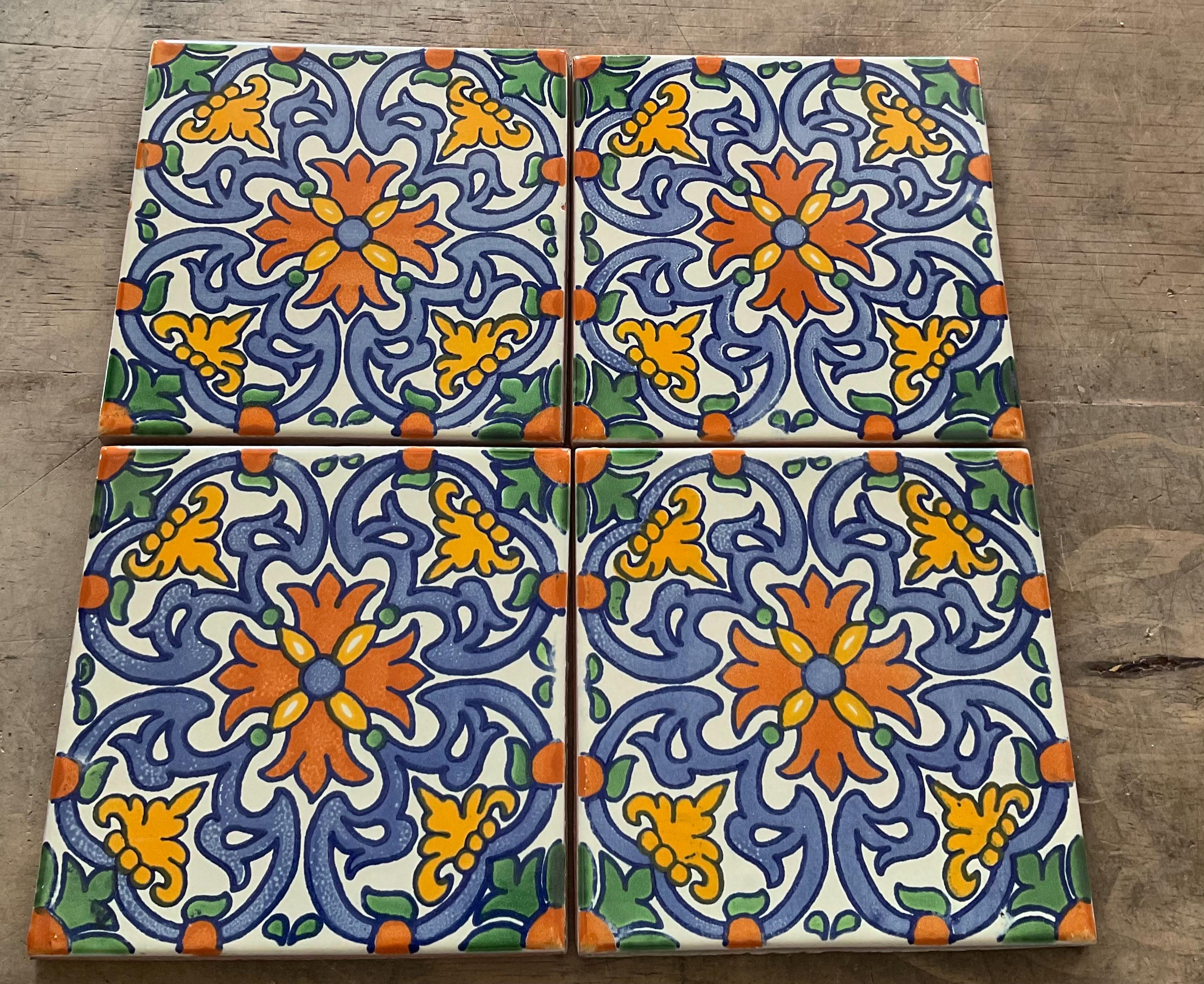 メキシコ タラベラ タイル 14 枚。ハンドメイド - 手描き 6 インチ x 6