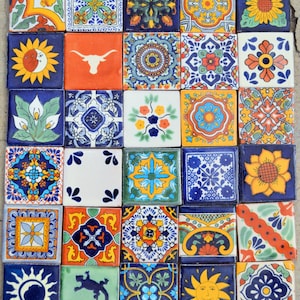 30 Mexican Talavera Tiles handmade, Hand painted 2 &quot;X 2&quot;