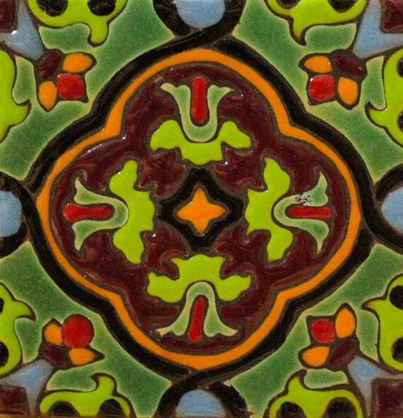 6x6 Inch Talavera Mexican Tile - Set Of 4 Comala Pattern Turquoise Flower Tiles (Handcrafted)