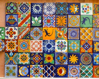 50 Mexican Talavera Tiles handmade- Hand painted 2 &quot;X 2&quot;