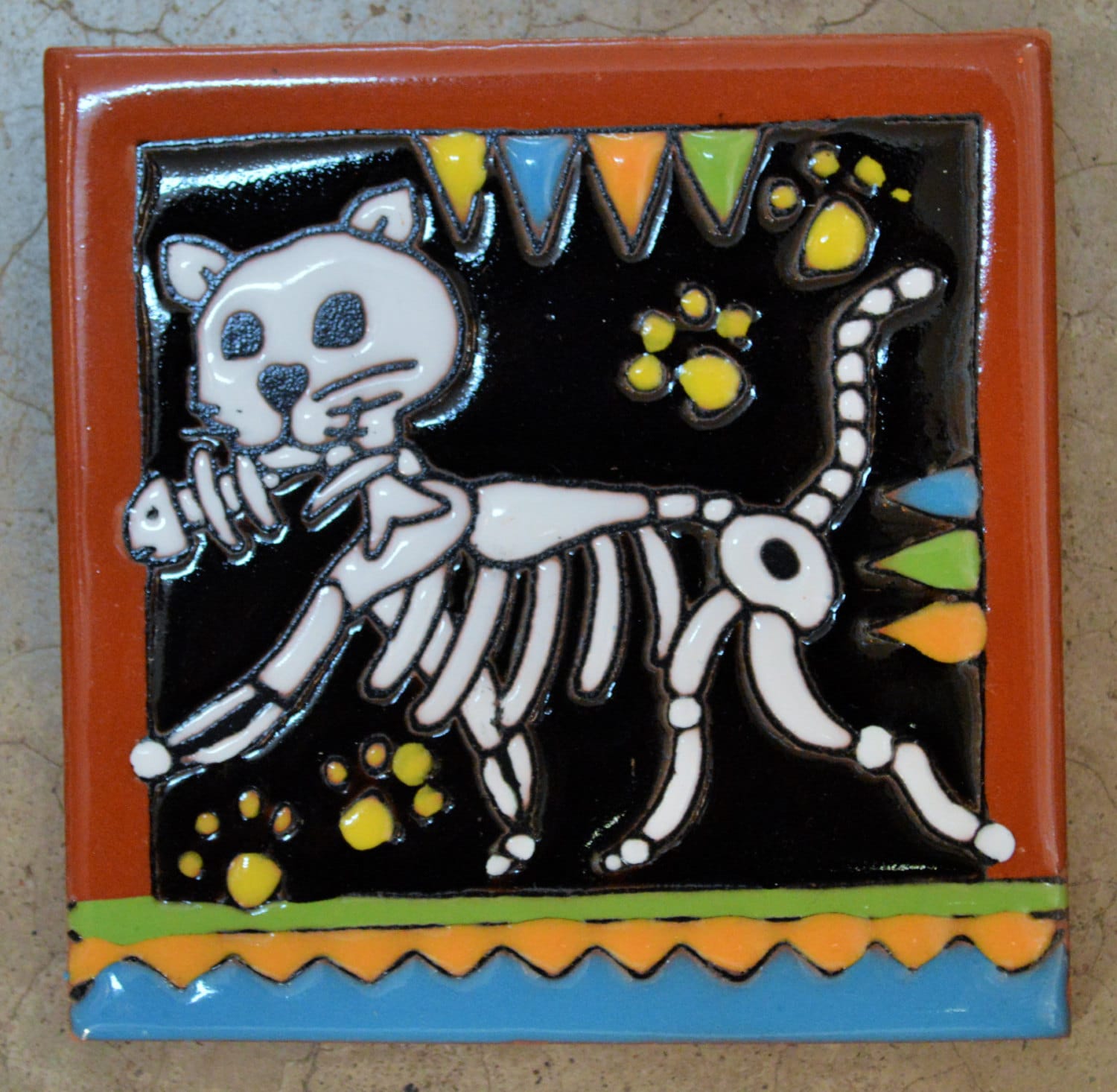 Talavera Mexican Tile Mosaic Day of the Dead / Cat