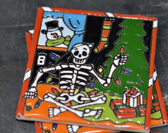 Hand-painted Mexican tiles from the days of the dead / With Christmas tree