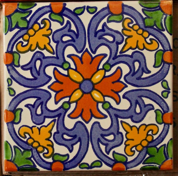メキシコ タラベラ タイル 14 枚。ハンドメイド - 手描き 6 インチ x 6