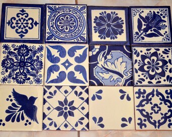 24 Mexican Talavera Tiles.Hand painted 4 &quot;X 4&quot;- Blue and white