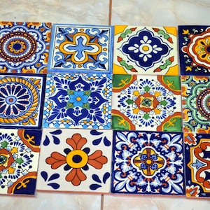 12-Mexican Talavera Tiles with Mix design. Hand made-Hand painted 6 &quot;X 6&quot;