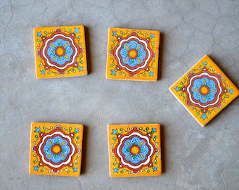 5 Mexican Talavera Tiles Handmade- Hand painted 2 "X 2"