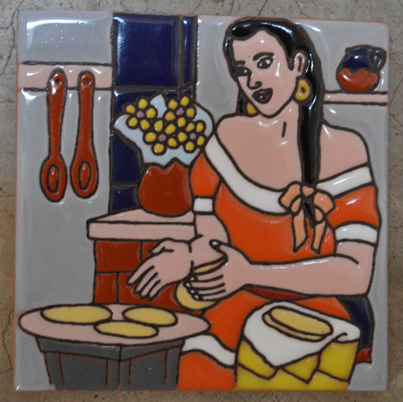 Azulejos Mexicanos pintado a mano mujer haciendo tortillas Etsy España