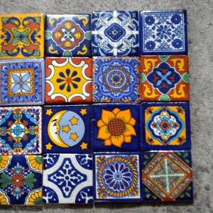 16 Mexican Talavera Tiles handmade, Hand painted 2 "X 2"