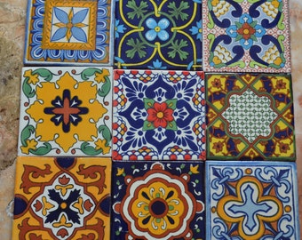 9~MEXICAN TALAVERA POTTERY 4" tile Clay Hand Painted