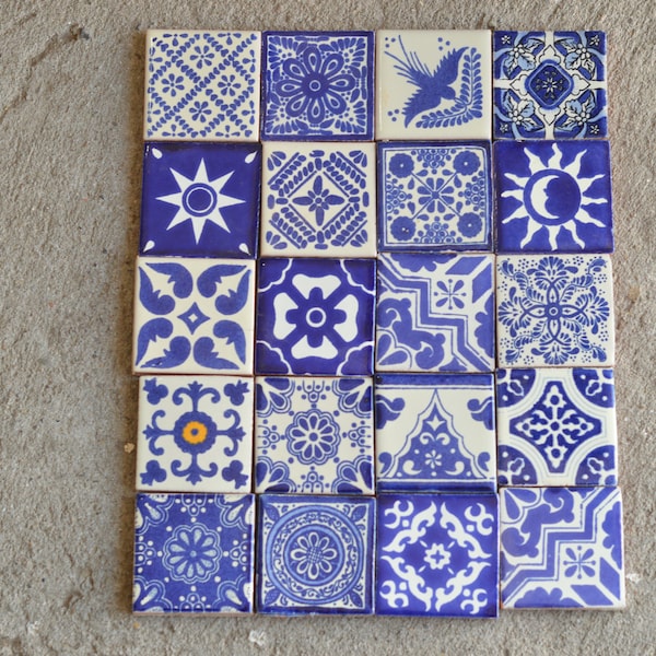 20 Mexican Talavera Tiles handmade, Hand painted 2 "X 2"