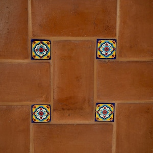 Puede incluir: Una pared con un patrón de azulejos marrones y azulejos azules y amarillos con diseños florales.