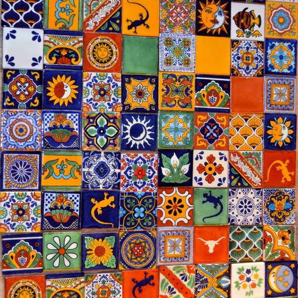 100 Mexican Talavera Tiles handmade- Hand painted 2 "X 2"