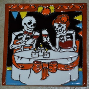 Talavera Mexican Tile Mosaic Day of the Dead / Tiles Clay Catrina Having Dinner