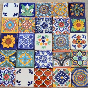 25 Mexican Talavera Tiles handmade, Hand painted 2 "X 2"