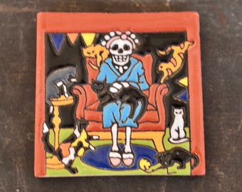 Talavera Mexican Tile- Day of the Dead / Catrina with cat