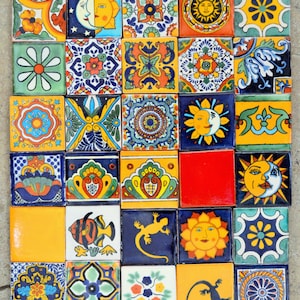 40 Mexican Talavera Tiles handmade, Hand painted 2 &quot;X 2&quot;