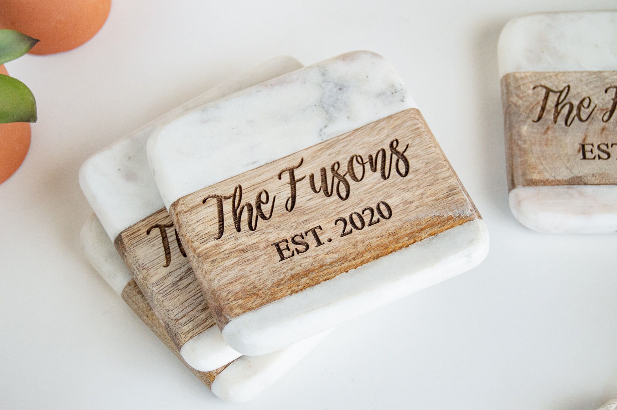 Personalized Coasters, Set of 4, Wood and Marble Coasters, Custom Coa…