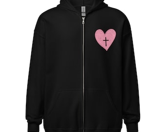 Christian Sweatshirt with Pink Heart and Cross; Embrace Faith in Style, Womens Hoodie, Christian Hoodie, Zip up Hoodie, Christian Sweatshirt