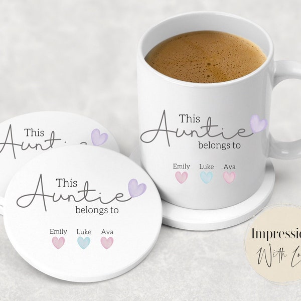 Auntie Gift, Personalised Ceramic Mug & Coaster, This Auntie belongs to,  Aunt Birthday Gift, From Niece Nephew, Heart Mug, Auntie Cup