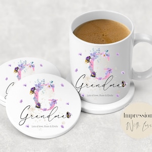 Grandma Gift, Mothers Day Gift For Grandma, Personalised Ceramic Mug & Coaster, Grandma Birthday Gift, From grandchildren, Floral Bee Cup