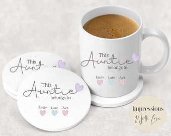 Auntie Gift, Personalised Ceramic Mug & Coaster, This Auntie belongs to,  Aunt Birthday Gift, From Niece Nephew, Heart Mug, Auntie Cup