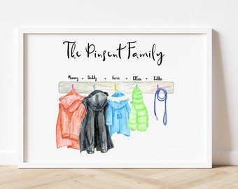Personalised family Gift, coats print, Coat hook, Custom family portrait, housewarming gift, wall art, gift for her, New Home present.