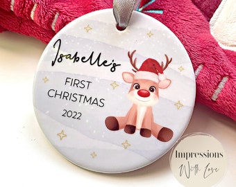 Baby's First Christmas Personalised Ornament, 1st Christmas Bauble, Keepsake Christmas Decoration, Ceramic Ornament, New Baby Gift, Reindeer