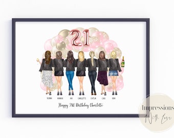 21st Birthday, Friendship print, Best friend gift, bestie gifts, for friends, personalised gift for her, Group of Friends, Gift for women