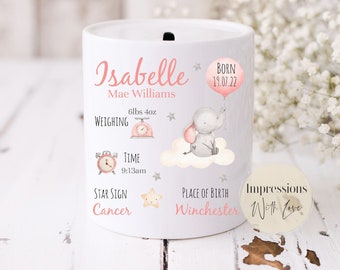 Hucha de cerámica personalizada, regalo para recién nacido, regalo con datos de nacimiento, regalos para niña, regalos para niño, hucha con nombre personalizado, regalo de bautizo