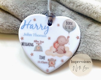 New Baby personalised Gift, Birth Details, Ceramic Heart Ornament, Baby Boy Gift, Birth Stats Keepsake, Christening Gift, Birth Details,