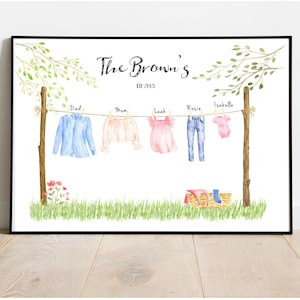 Family washing line print, personalised family print, family portrait, family picture, housewarming gift, clothes line print, printable gift