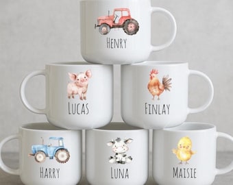 Personalised Kids Mug, Unbreakable 6oz Plastic Cup, Farm Animals & Tractor, 11oz Toddler Training Cup,