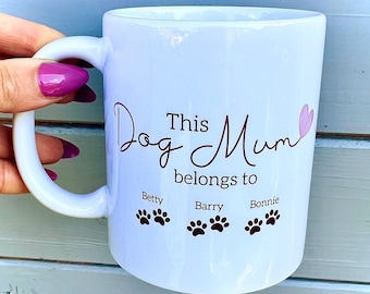 Dog Mum Gift, Personalised Ceramic Mug & Coaster, This Dog Mum belongs to, Birthday Gifts For Dog Mum, From The Dogs, Mug With Paw Prints